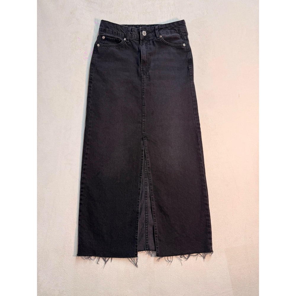 Bershka Charcoal Black Denim Maxi Skirt High Waisted Front Slit Raw Hem Size 2